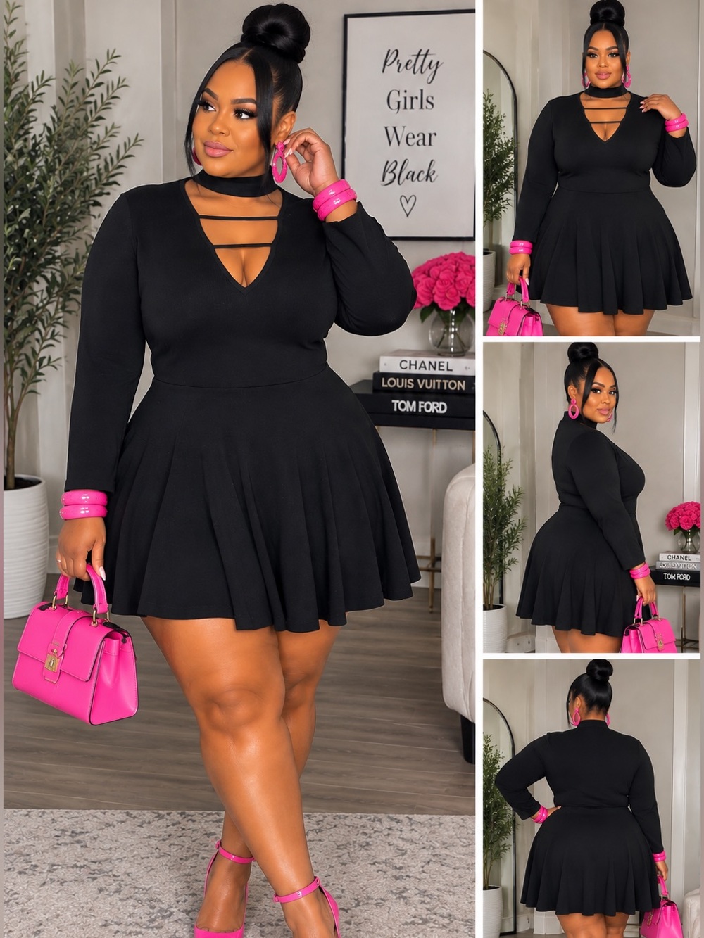 Black Long-Sleeve Skater Dress with Strappy Neckline - Plus Size